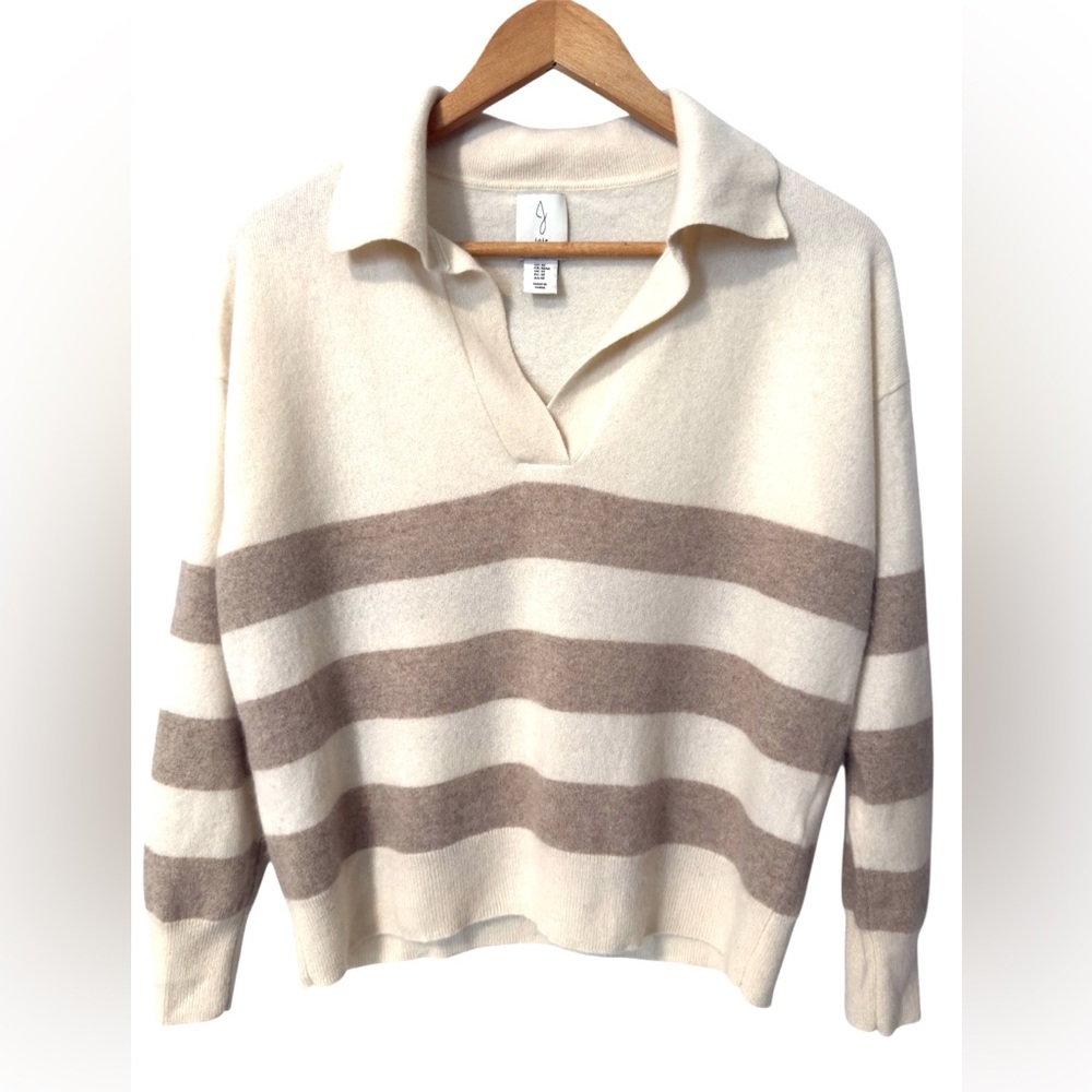 Cashmere Joie Cream and Taupe Striped Polo Neck Sweater Medium